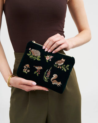 Fable England Meadow Scene Embroidered Pouch Forest Green