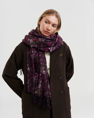 Fable England Floral Long Fringed Scarf Burgundy Eve
