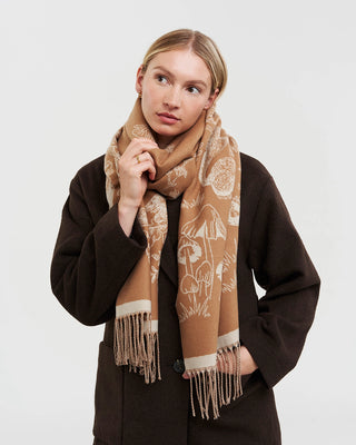 Fable England Woodland Scene & Check Rectangle Scarf Tan