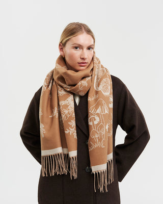 Fable England Woodland Scene & Check Rectangle Scarf Tan