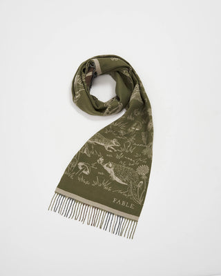 Fable England Woodland Scene & Check Rectangle Scarf Khaki