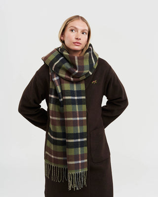 Fable England Woodland Scene & Check Rectangle Scarf Khaki