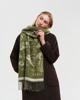 Fable England Woodland Scene & Check Rectangle Scarf Khaki