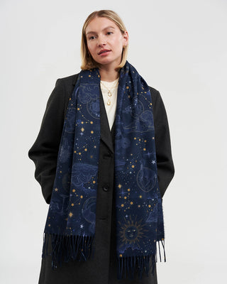 Fable England Zodiac Long Fringed Scarf Navy