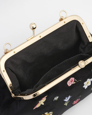 Fable England Floral Ditsy Embroidered Black Velvet Clutch Bag - MMJs Fashion