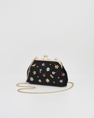 Fable England Floral Ditsy Embroidered Black Velvet Clutch Bag - MMJs Fashion