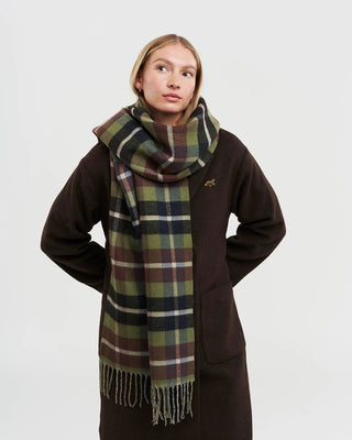 Fable England Woodland Scene & Check Rectangle Scarf Khaki - MMJs Fashion