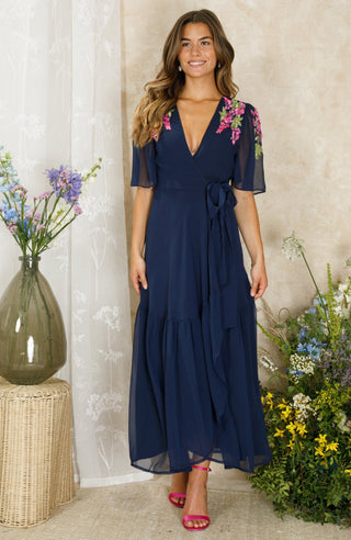 Hope & Ivy Embellished Maxi Wrap Dress Navy Blue Grace - MMJs Fashion