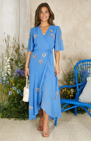 Hope & Ivy Embellished Wrap Dress Blue Mallory - MMJs Fashion