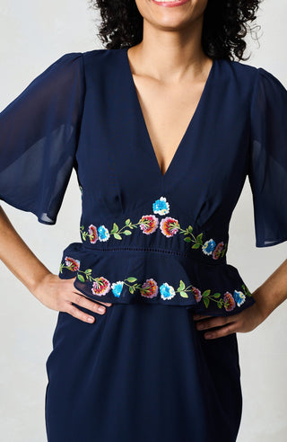Hope & Ivy Embroidered Peplum Midi Dress Navy The Allegra - MMJs Fashion