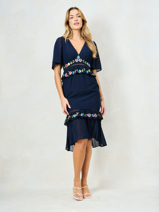 Hope & Ivy Embroidered Peplum Midi Dress Navy The Allegra - MMJs Fashion