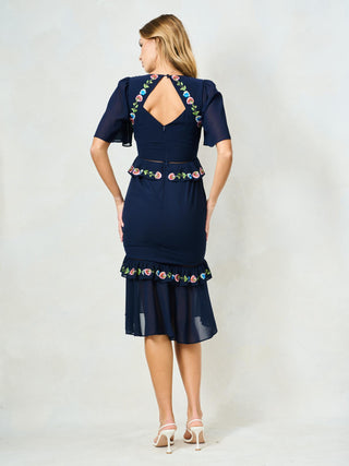 Hope & Ivy Embroidered Peplum Midi Dress Navy The Allegra - MMJs Fashion