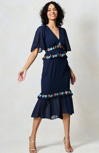 Hope & Ivy Embroidered Peplum Midi Dress Navy The Allegra - MMJs Fashion