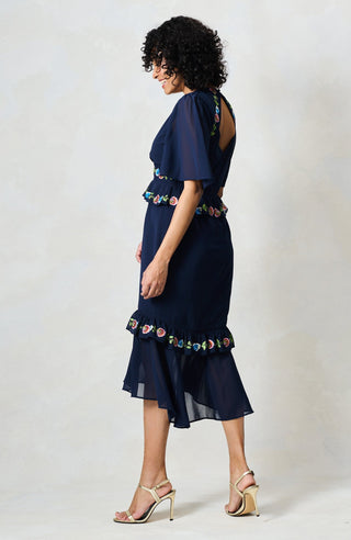 Hope & Ivy Embroidered Peplum Midi Dress Navy The Allegra - MMJs Fashion