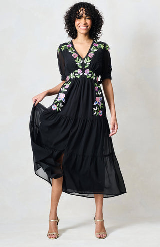 Hope & Ivy Embroidered Tie Sleeve Midi Dress Black The April - MMJs Fashion