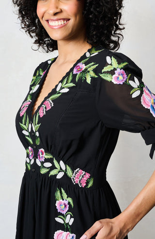 Hope & Ivy Embroidered Tie Sleeve Midi Dress Black The April - MMJs Fashion