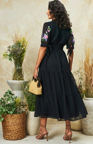 Hope & Ivy Embroidered Tie Sleeve Midi Dress Black The April - MMJs Fashion