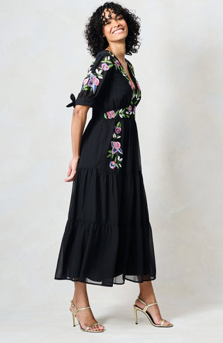 Hope & Ivy Embroidered Tie Sleeve Midi Dress Black The April - MMJs Fashion
