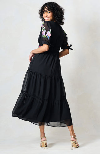 Hope & Ivy Embroidered Tie Sleeve Midi Dress Black The April - MMJs Fashion
