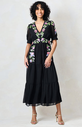 Hope & Ivy Embroidered Tie Sleeve Midi Dress Black The April - MMJs Fashion