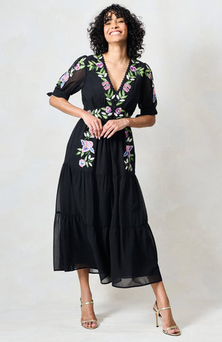Hope & Ivy Embroidered Tie Sleeve Midi Dress Black The April - MMJs Fashion