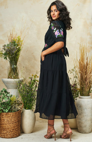 Hope & Ivy Embroidered Tie Sleeve Midi Dress Black The April - MMJs Fashion