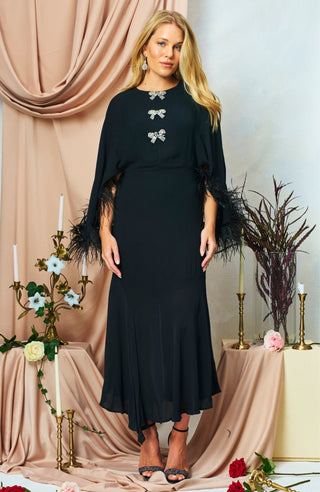 Hope & Ivy Feather Trim Midi Dress Black The Helena - MMJs Fashion