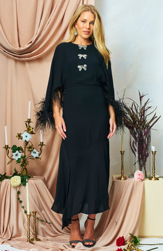 Hope & Ivy Feather Trim Midi Dress Black The Helena - MMJs Fashion