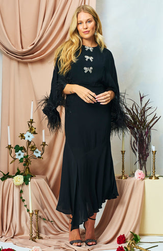 Hope & Ivy Feather Trim Midi Dress Black The Helena - MMJs Fashion