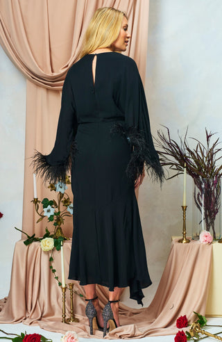 Hope & Ivy Feather Trim Midi Dress Black The Helena - MMJs Fashion