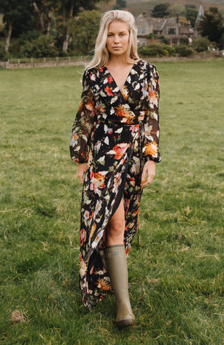Hope & Ivy Floral Lurex Wrap Maxi Dress Black The Bunty - MMJs Fashion