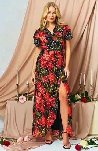 Hope & Ivy Floral Spot Wrap Dress Red Black The Ffion - MMJs Fashion