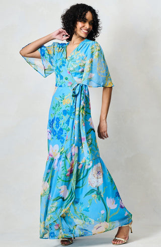 Hope & Ivy Flutter Sleeve Wrap Dress Blue The Alyssa - MMJs Fashion
