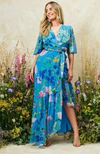 Hope & Ivy Flutter Sleeve Wrap Dress Blue The Alyssa - MMJs Fashion