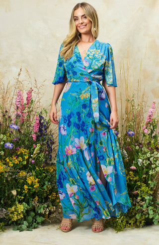 Hope & Ivy Flutter Sleeve Wrap Dress Blue The Alyssa - MMJs Fashion