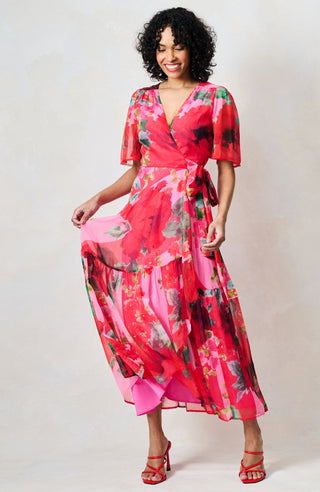 Hope & Ivy Flutter Sleeve Wrap Dress Pink Red The Rosanna - MMJs Fashion