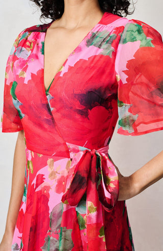 Hope & Ivy Flutter Sleeve Wrap Dress Pink Red The Rosanna - MMJs Fashion