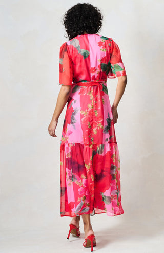 Hope & Ivy Flutter Sleeve Wrap Dress Pink Red The Rosanna - MMJs Fashion