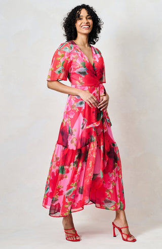 Hope & Ivy Flutter Sleeve Wrap Dress Pink Red The Rosanna - MMJs Fashion
