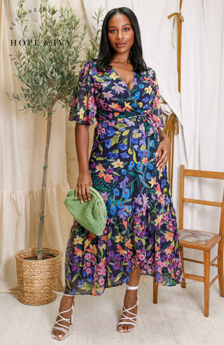 Hope & Ivy Flutter Sleeve Wrap Maxi Dress Blue Multi Nesta - MMJs Fashion
