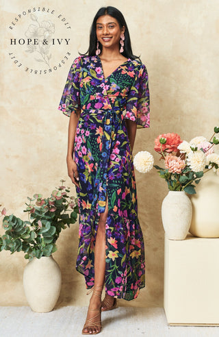 Hope & Ivy Flutter Sleeve Wrap Maxi Dress Blue Multi Nesta - MMJs Fashion