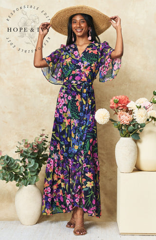 Hope & Ivy Flutter Sleeve Wrap Maxi Dress Blue Multi Nesta - MMJs Fashion