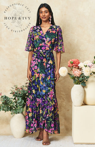 Hope & Ivy Flutter Sleeve Wrap Maxi Dress Blue Multi Nesta - MMJs Fashion