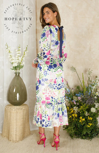 Hope & Ivy Tie Bow Maxi Dress White Multi The Caroline - MMJs Fashion