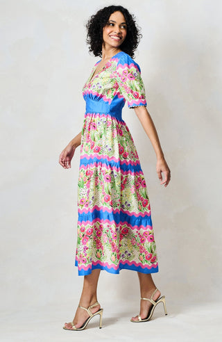 Hope & Ivy V - Neck Full Skirt Tea Dress Blue Pink The Jo - MMJs Fashion