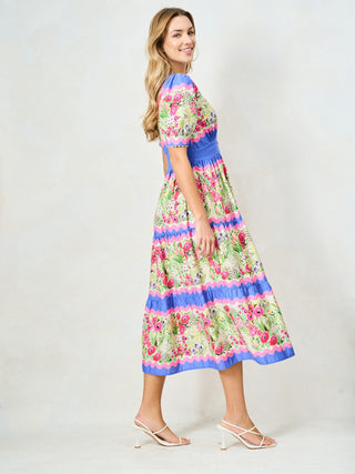 Hope & Ivy V - Neck Full Skirt Tea Dress Blue Pink The Jo - MMJs Fashion