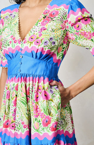 Hope & Ivy V - Neck Full Skirt Tea Dress Blue Pink The Jo - MMJs Fashion