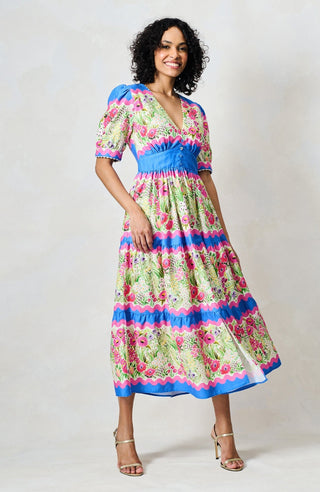 Hope & Ivy V - Neck Full Skirt Tea Dress Blue Pink The Jo - MMJs Fashion