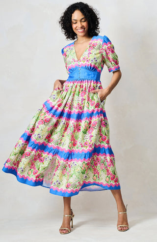 Hope & Ivy V - Neck Full Skirt Tea Dress Blue Pink The Jo - MMJs Fashion