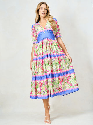 Hope & Ivy V - Neck Full Skirt Tea Dress Blue Pink The Jo - MMJs Fashion